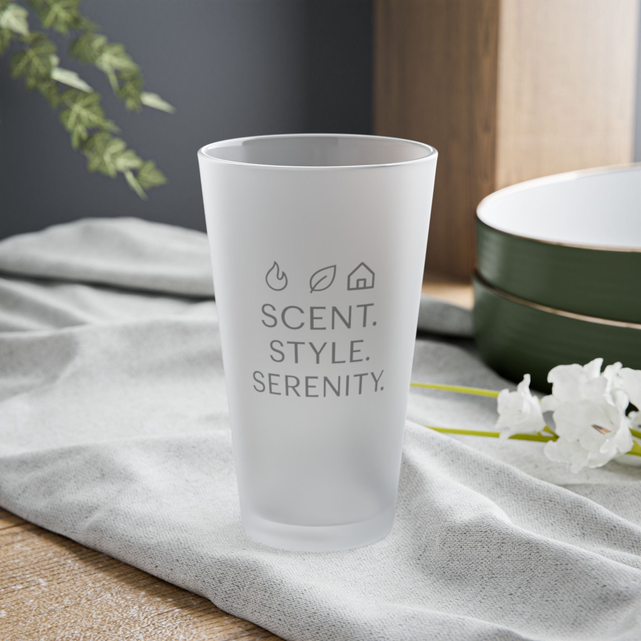 Frosted Pint Glass — Scent. Style. Serenity.